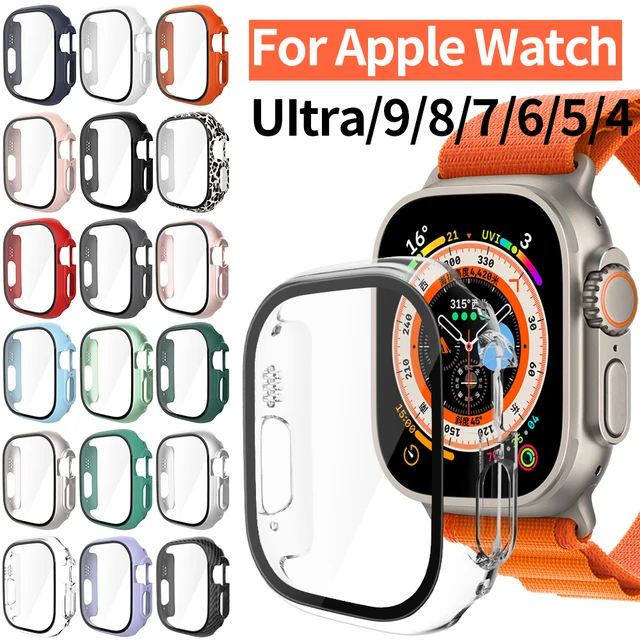 Szkło + etui do Apple Watch Case seria 7/8/9 41mm 45mm Screen Protector 44mm 40mm plastikowy Bumper do iWatch Ultra/Ultra 2 49mm osłona ochronna