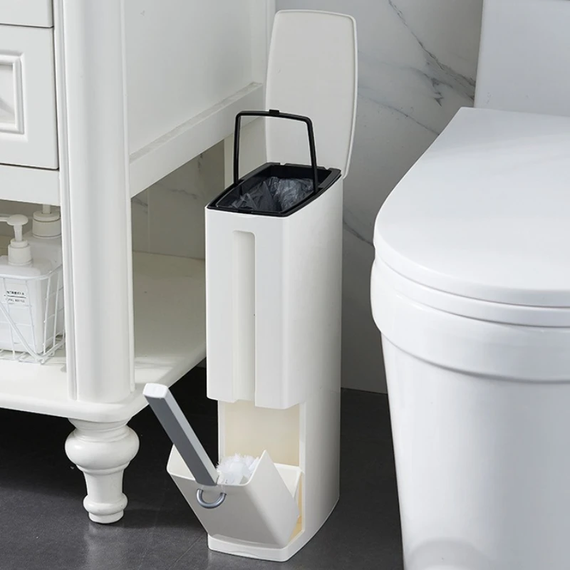 Cubo de basura estrecho de plástico, papelera integrada para inodoro, cepillo de baño de gran capacidad y juego de cubo de basura, herramientas de limpieza de baño
