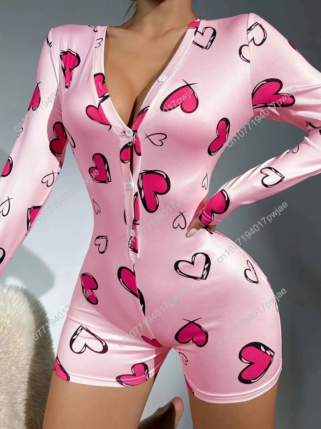 [1pc Pakaian Tidur Seksi Model Bodysuit V-Neck] 1pc Pakaian Tidur Wanita Seksi Model Bodysuit V-Neck Lengan Panjang, Motif Hati Rajutan Poliester