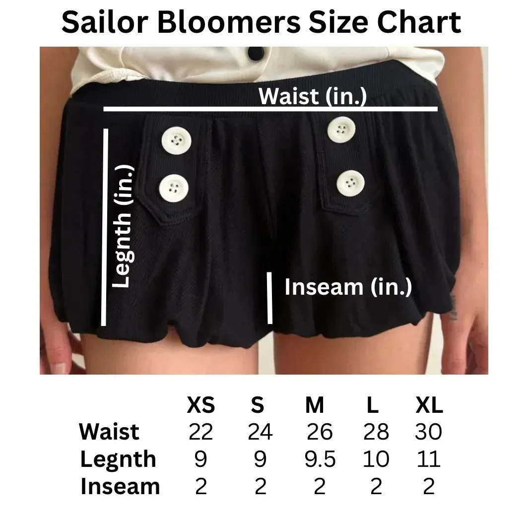 Schwarze Bloomers-Shorts mit elastischem Bund und doppelten weißen Knöpfen, Y2K Damen Puff-Shorts – Detail 1