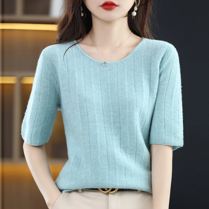 

Spring and Autumn New 100% Pure Wool Sweater Women's O-Neck Short Sleeve Pullover Loose Knitted Cashmere Jacquard Top