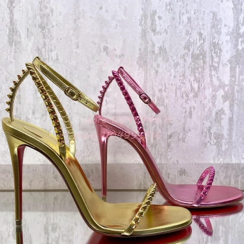 

Metallic Pink Rivet Ankle Strap Sandals Women Gold Open Round Toe Buckle Strap Thin High Heels Luxury Fashion Party Prom Shoes