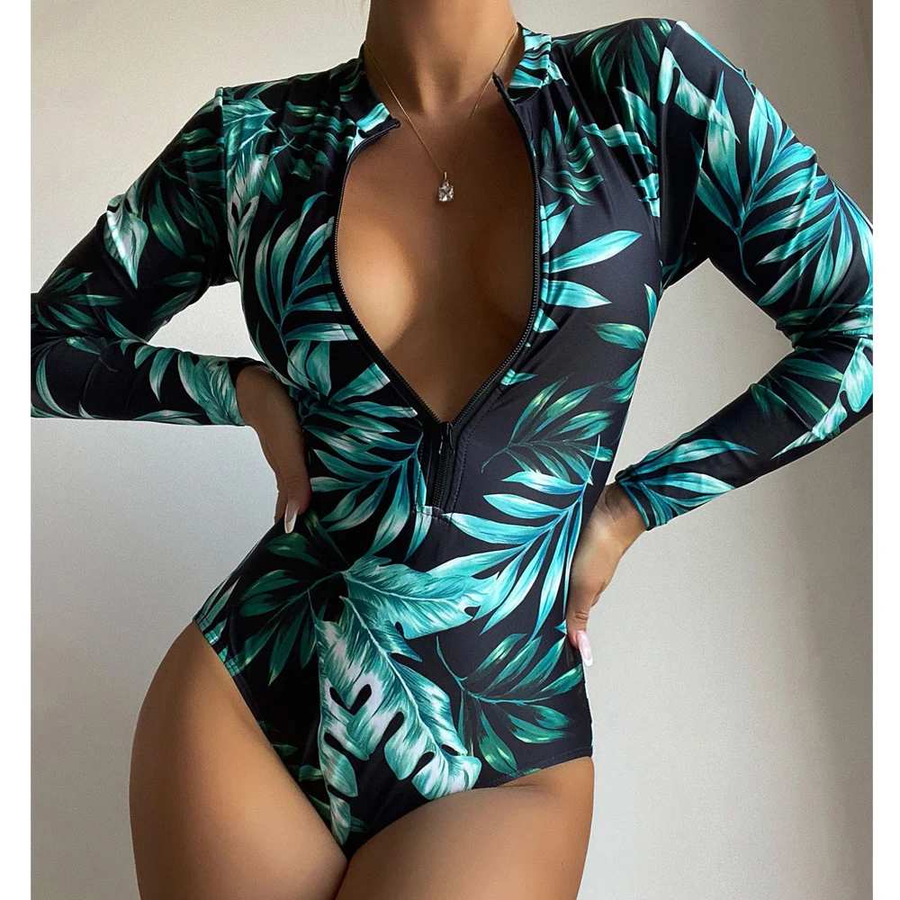 VigoBeviya 2024 Sexy Print Long Sleeve Swimwear Women High Cut Push Up One Piece Swimsuit Monokini Summer Beach Bathing Suit