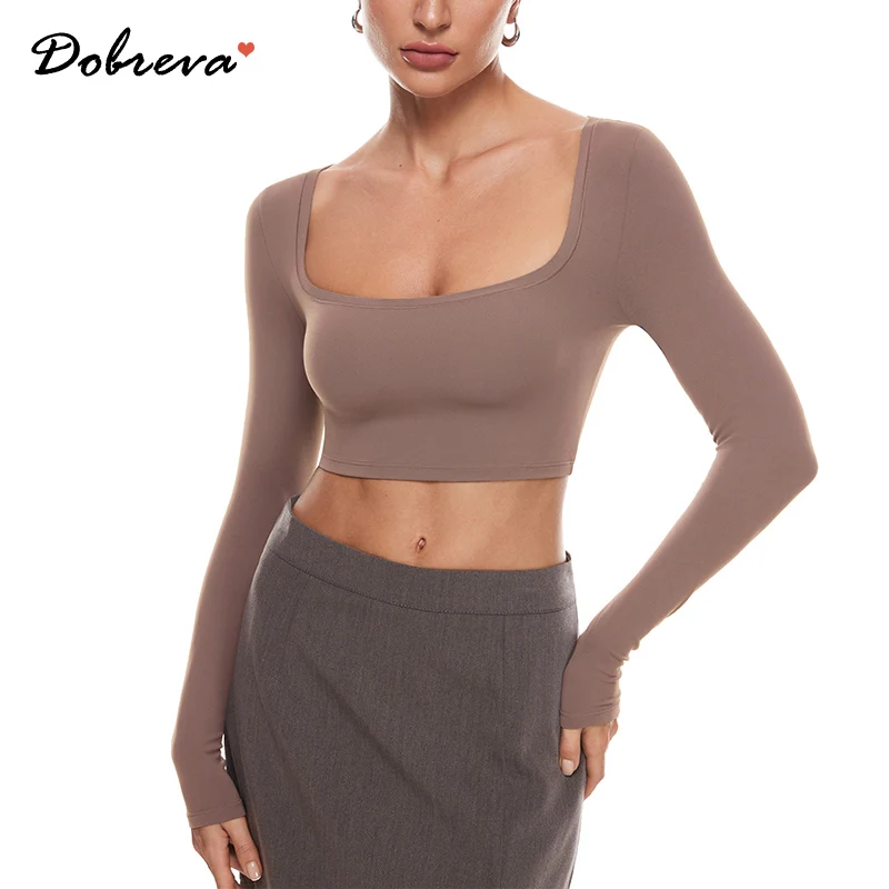 

Women's Cozzifree Long Sleeve Square Neck Crop Top Sexy Going Out Double Lined Fitted Bodycon Crop Tops T Shirts