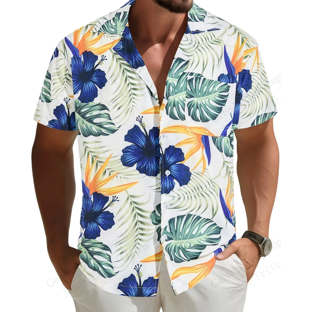 Summer Hawaiian Shirt for Men Shirt Tropical Flowers 3D Print Shirt Short Sleeve Button Beach Lapel Vacation Shirts Men Blouse