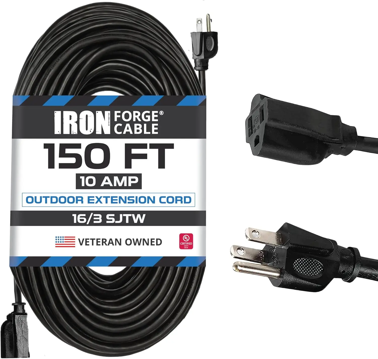 

Weatherproof Outdoor Extension Cord 150 ft 16 Gauge Black Extension Cord 3 Prong for Outside SJTW Exterior Power Cable