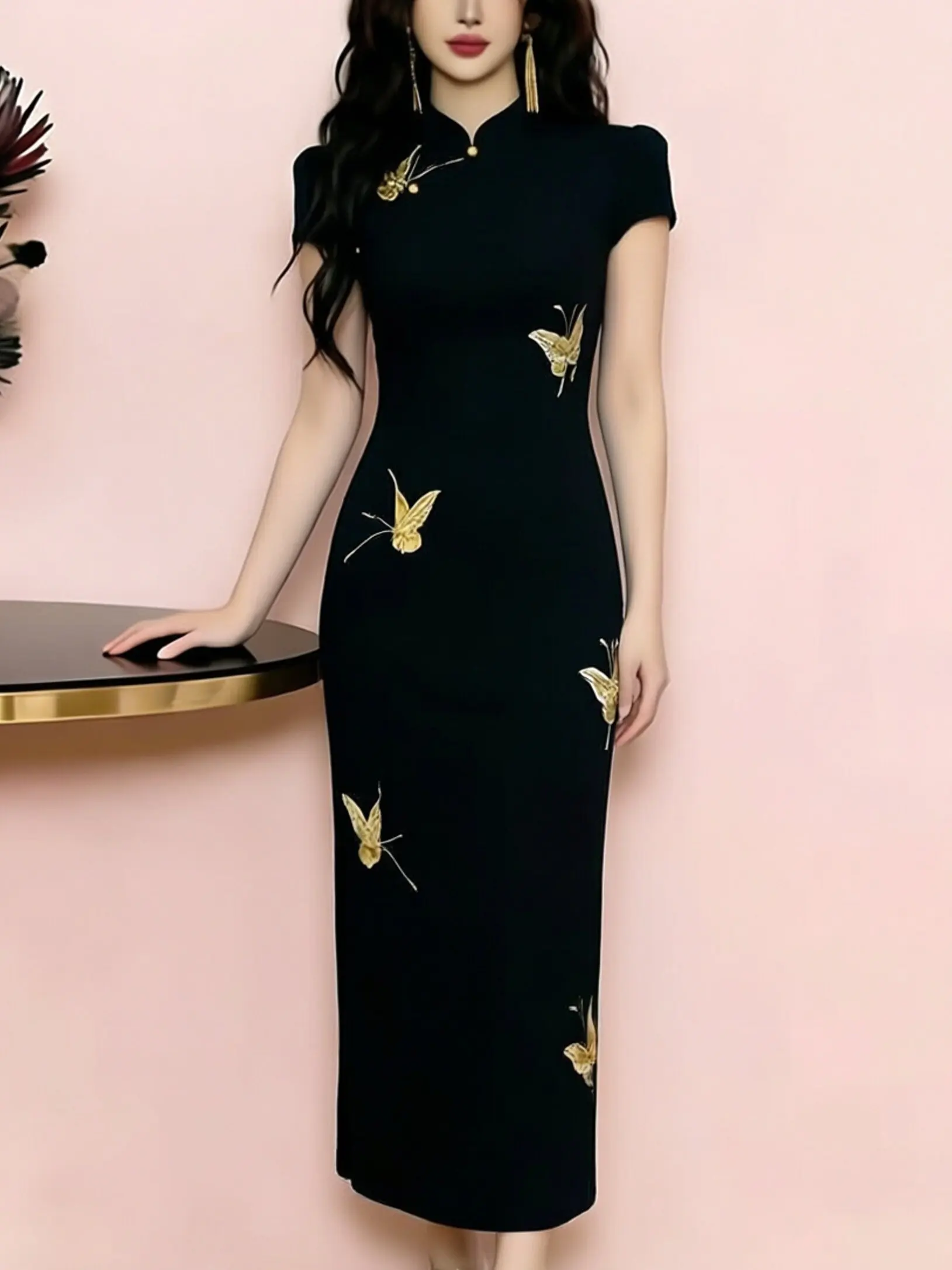 robe-longue-brodee-ele-bla-coupe-ajustee-col-montant-taille-haute-en-fibre-de-polyester-pour-femme