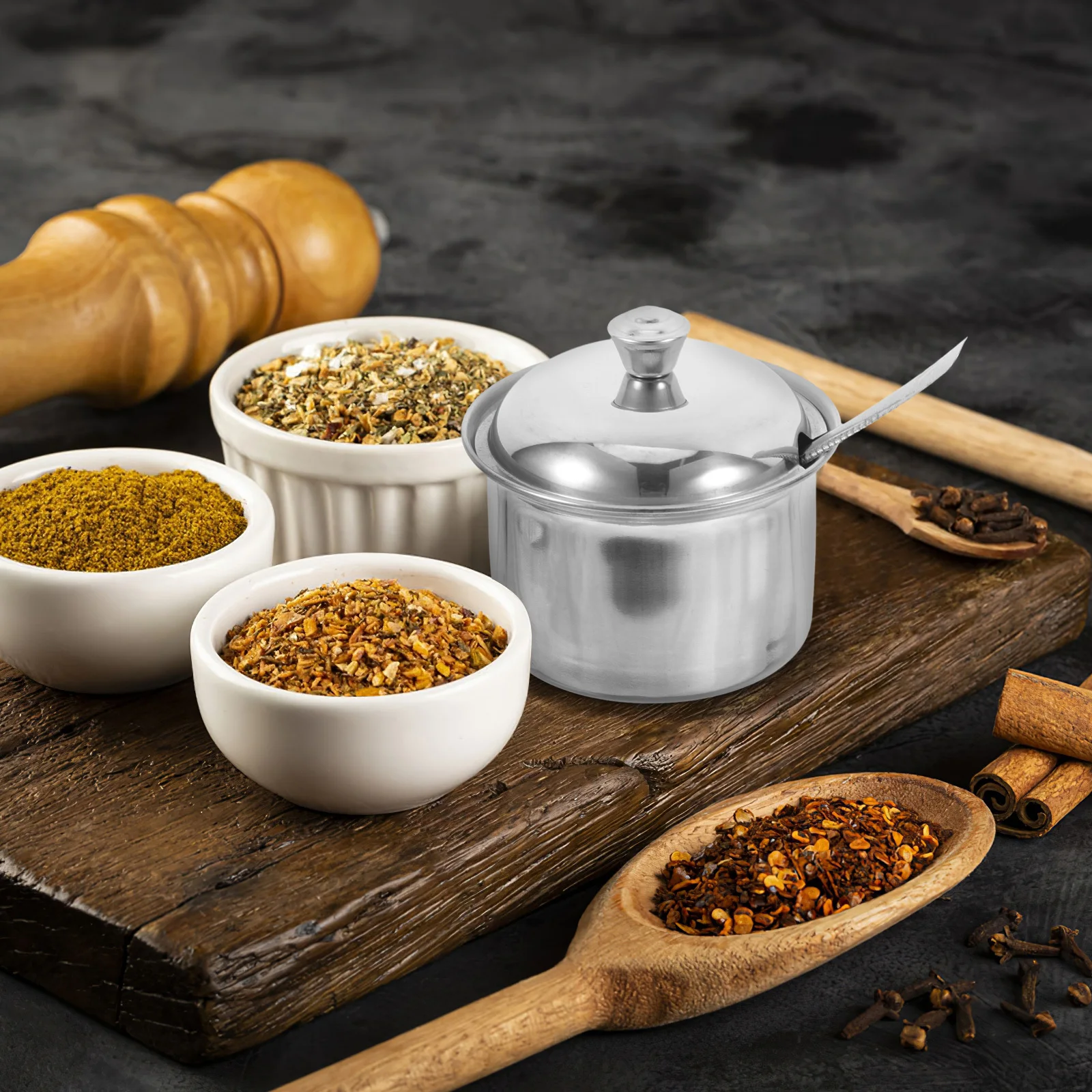 برطمان بهار من الفولاذ المقاوم للصدأ مع ملعقة وغطاء حاوية توابل محكمة الغلق لتخزين توابل المطبخ وعاء السكر مقاس M
