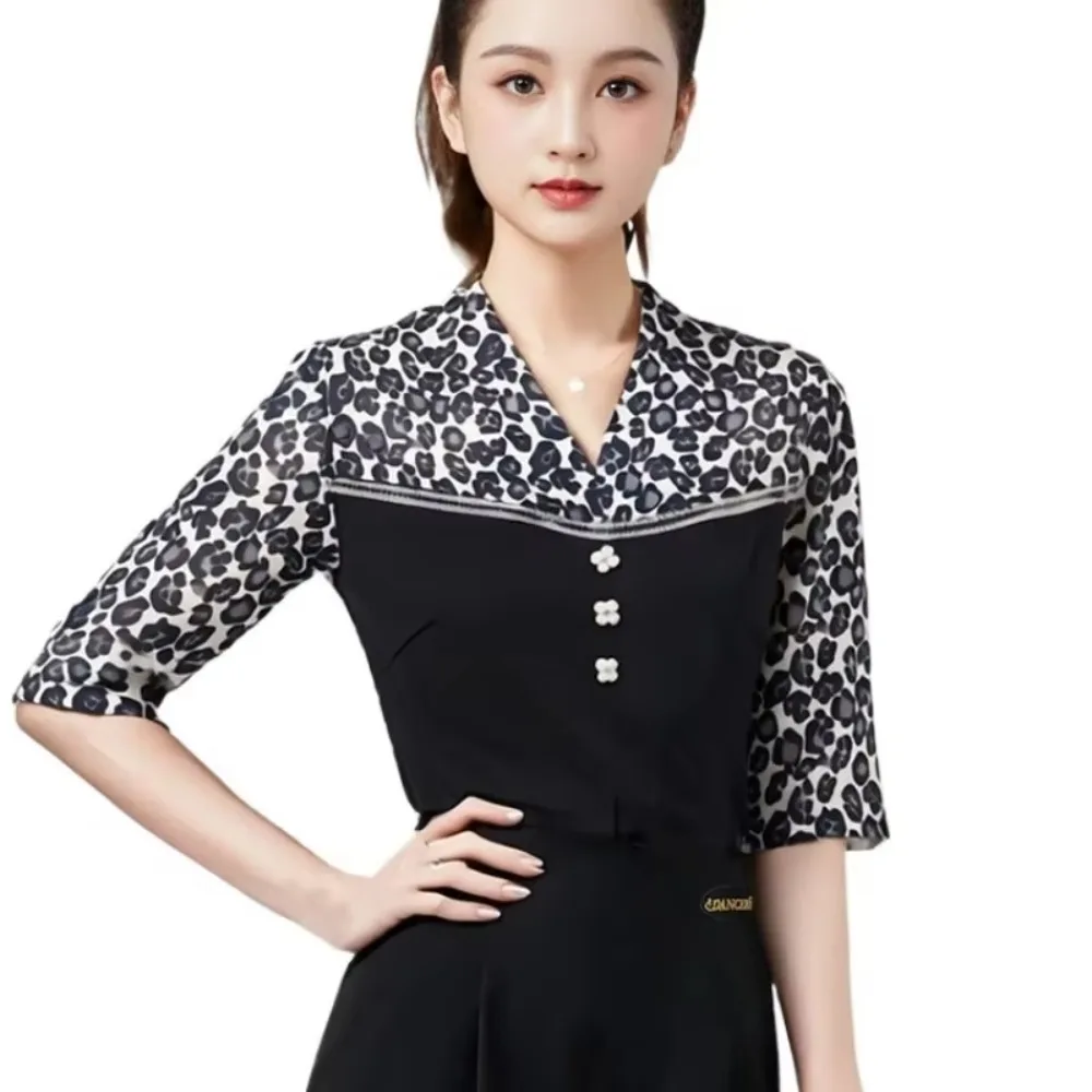 

Women V Neck Leopard Print Latin Dance Top Slim Breathable Social Dance Ballroom Modern Dance Top For Practice Stage Performance