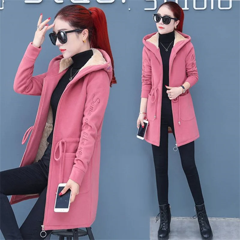 Plus Velvet Thicken Lamb Plush Coat Female 2024 New Autumn And Winter Parka Lace-Up Of Hooded Loose Long Trench Coat Embroid LA