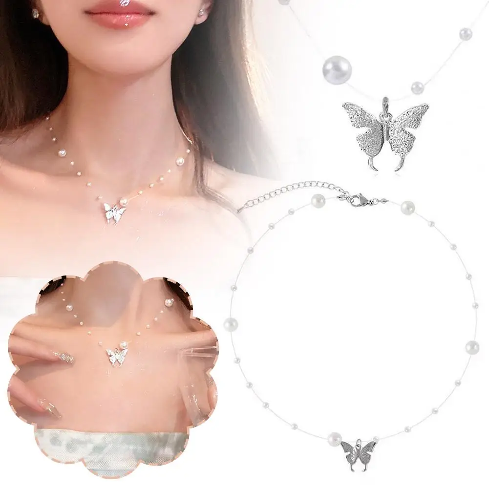 Simple Pearl Clavicle Chain Butterfly Pendant Transparent Necklace Soft Fishing Line Beaded Y1D7