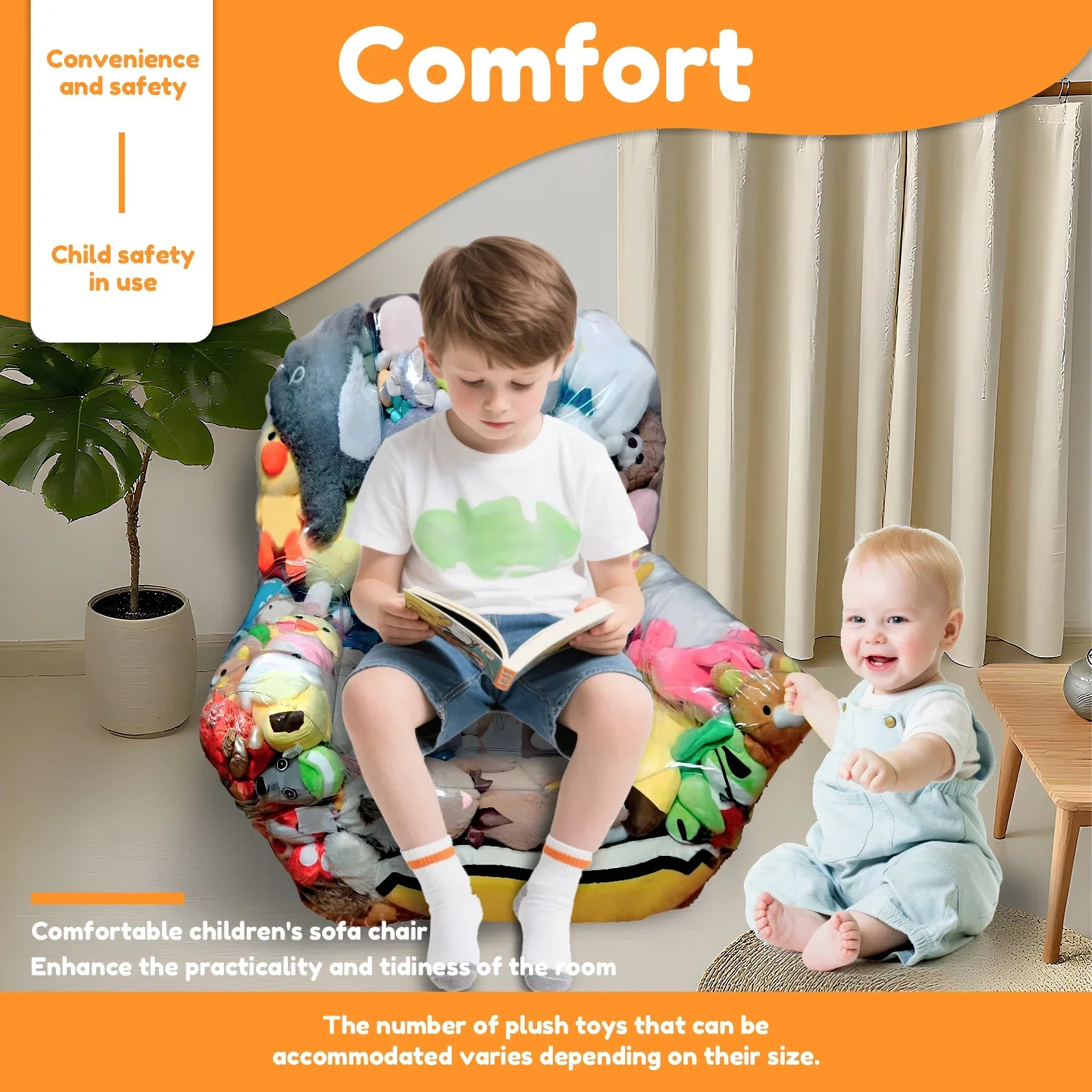180L PVC Clear Stuffed Animal Chair Cover Waterproof Plush Toy Seat Cover Large Capacity Clothes Toy Storage Bag for Kid Room