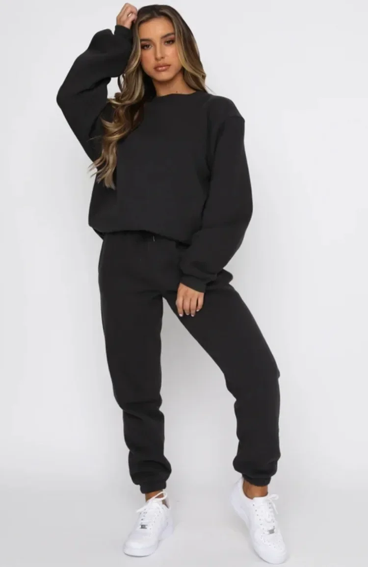 Winter Tracksuit Two Piece Sets Women Autumn Tops Y2k Thick Round Neck Sweatshirt Drawstring Trouser Pant Sets Loose Suits