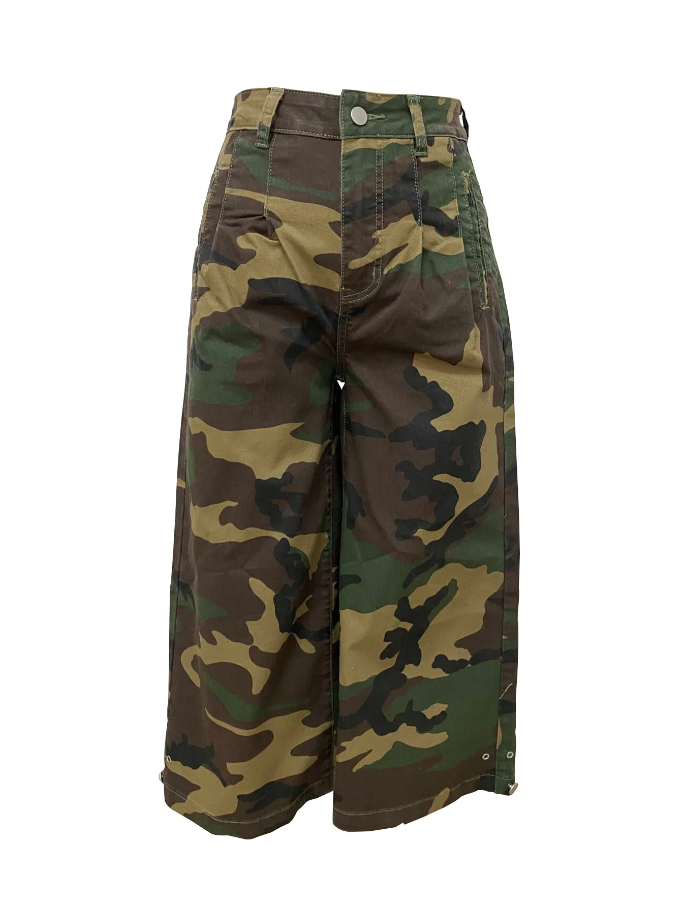 Pantalon longueur genou femme vintage camouflage taille haute coupe droite Y2K streetwear élégant décontracté ample avec empiècements
