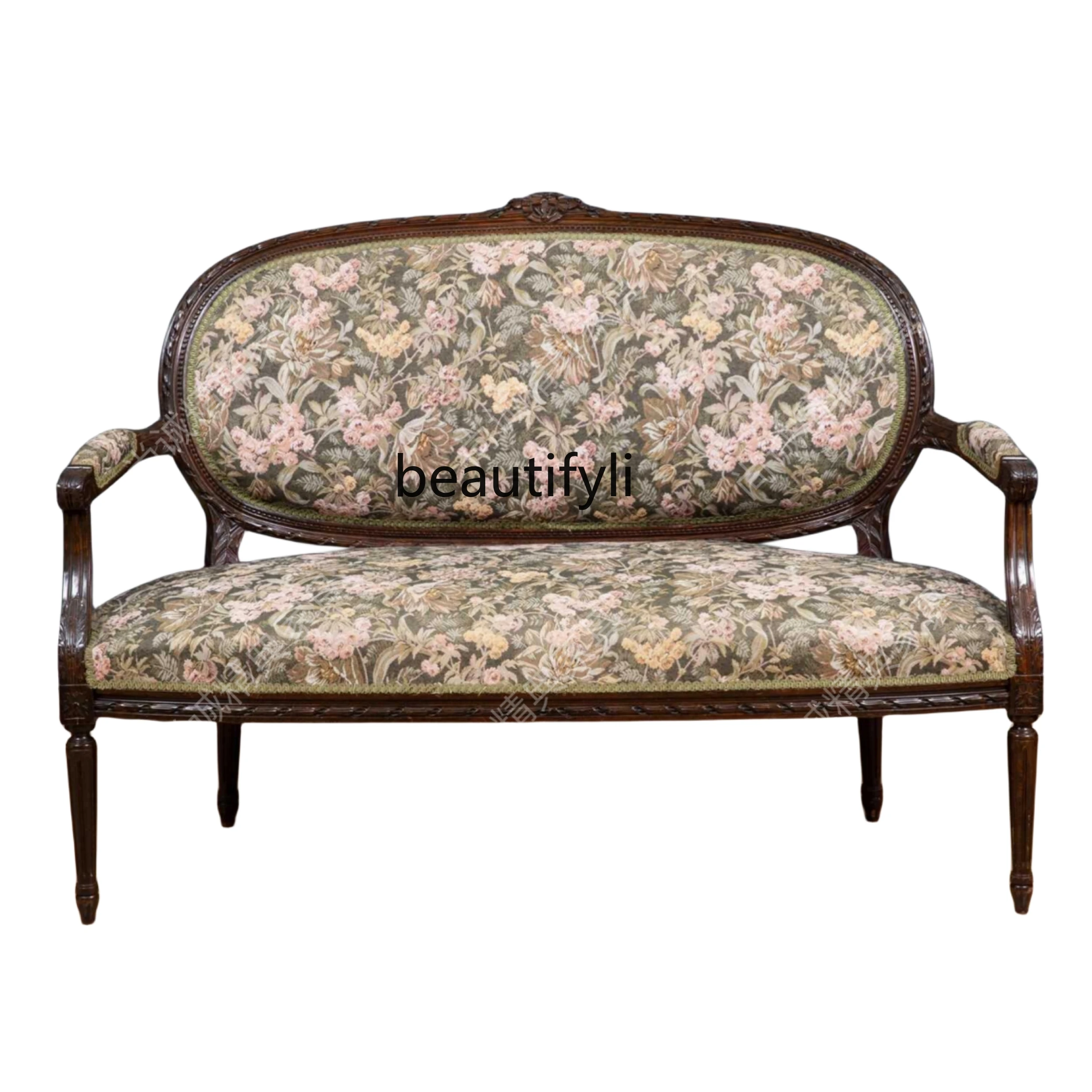 

Retro French Wood Carved Couch Small Apartment Balcony Double Fabric Sofa Furniture