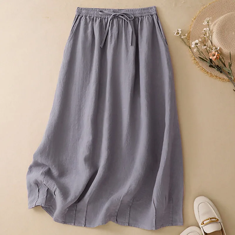 

Летняя женская юбка из хлопка и льна с плиссировкой, однотонная, с высокой талией, кружевная, повседневная, универсальная, длинная, А-силуэт, тонкая, новинка 2026 года