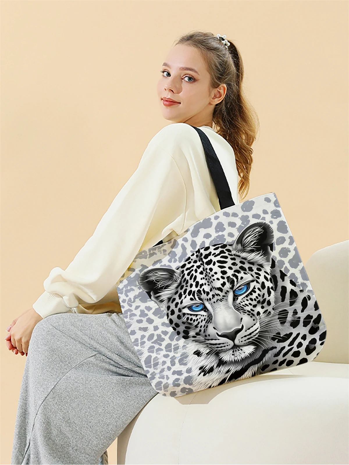 1pc, tiger handbag, reusable fashionable handbag, multifunctional handbag, printed canvas shopping bag