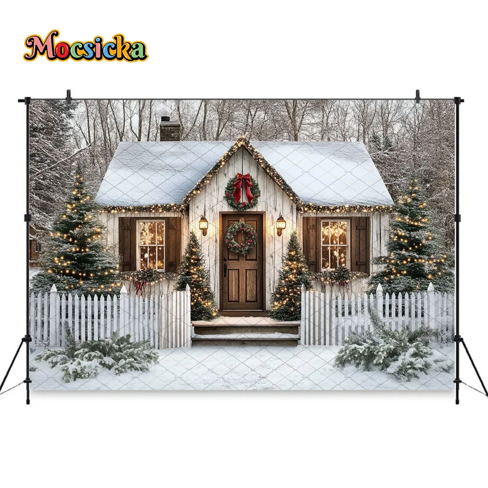Mocsicka Snowy Christmas Cabin Background Photography Winter Forest White Fence Backdrop Xmas Outdoor Snow Scene Kids Photozone