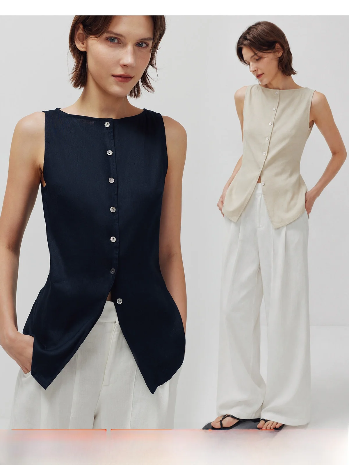 Slimming Effect Linen Blend Sleeveless Vest Simple Commute Versatile Waist-Cinching Women's Fashion Outerwear Top