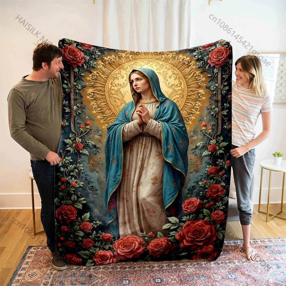 1PC Virgin Mary with rose wreath Print Blanket Warm Soft Fluffy Kids and Adult Sofa Bed Throw Blanket Outdoor Travel Camping RV