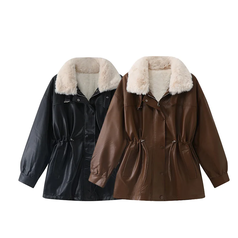 Abrigo de cuero Retro americano para mujer, cuello vuelto, cremallera, cintura elástica, ropa de abrigo, chaqueta que combina con todo, moda de