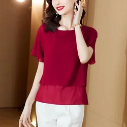 Elegant O-Neck Spliced Loose Fake Two Pieces Blouse Women's Clothing 2023 Summer New Casual Pullovers Office Lady Chiffon Shirt