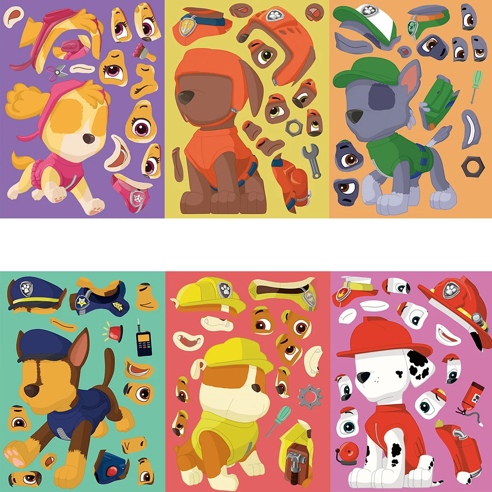 8/16Sheets Make a Face PAW Patrol Puzzle Stickers Chase Assemble Cartoon Decals Kids Jigsaw Party Decoration Children Boy Toys