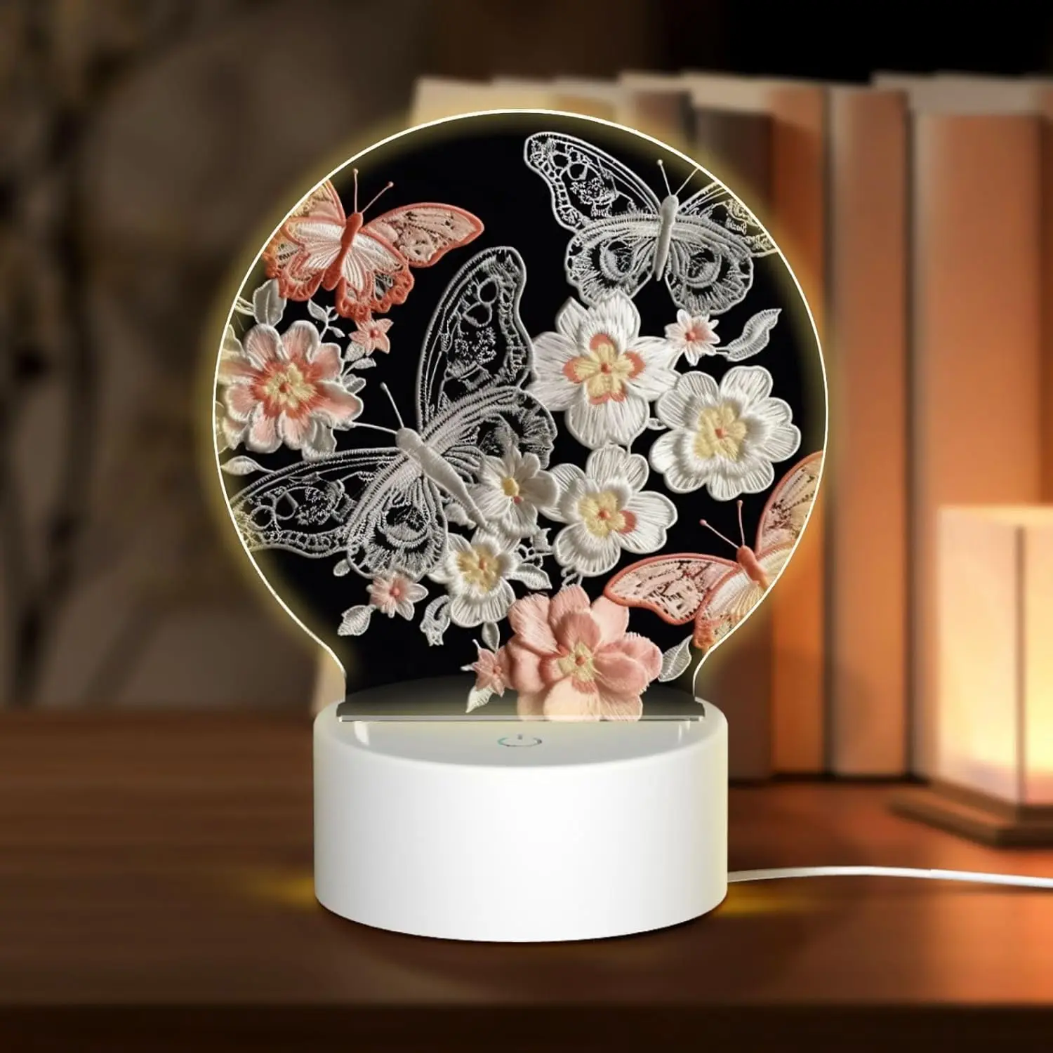 Acrylic Night Light Embroidery Floral LED Night Lamp Modern Acrylic Nightlight for Bathroom Bedroom Restaurant Bar Decor