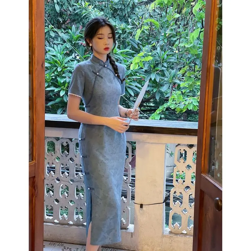 

New Chinese Jacquard Dress, Summer Short Sleeve Qipao, Retro Style Cheongsam Women Fashion Chinese Traditional Clothes Woman