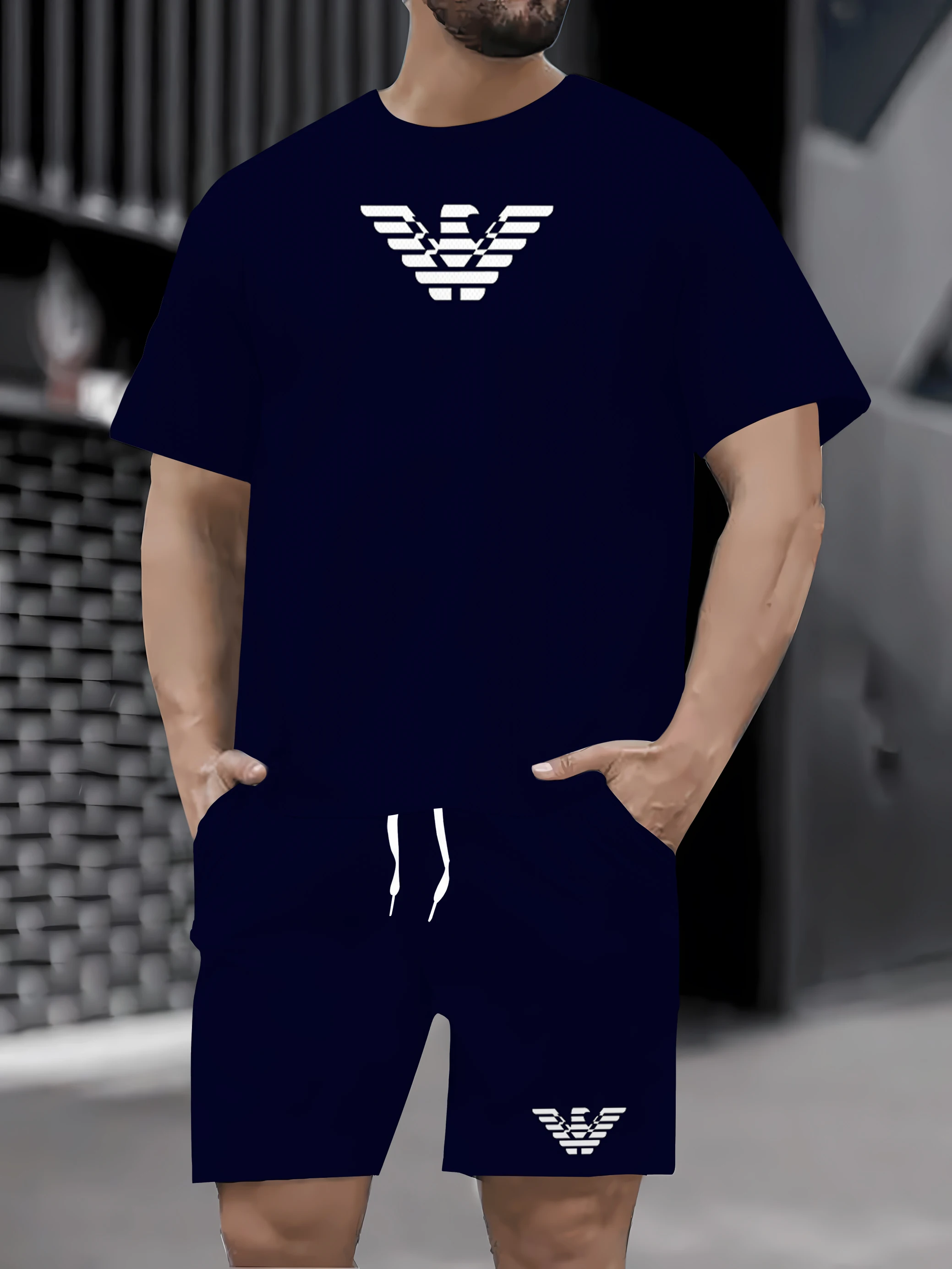 

2025 Summer Men's Fashion Casual Set, High Definition Pattern Printed Short Sleeve T-shirt+Drawstring Sports Shorts Two Piece Se