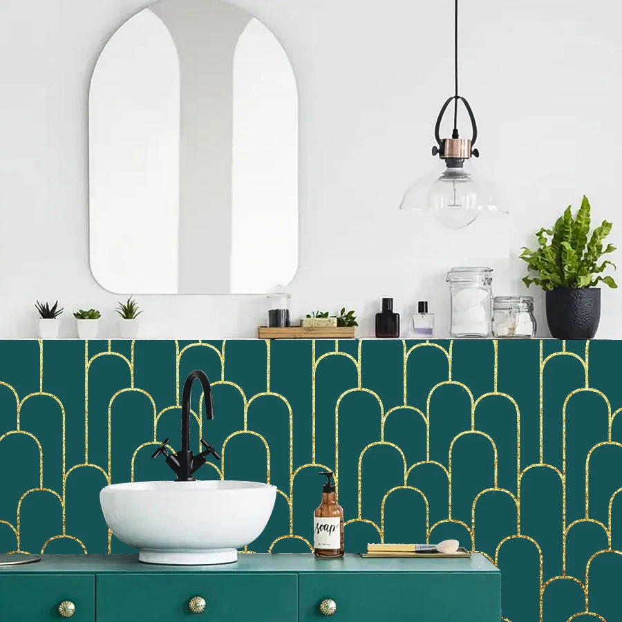 خطوط هندسية من الذهب الأخضر والأسود والذهبي PVC ورق حائط ذاتي اللصق مناسب للفندق والإقامة المنزلية وملصقات المطاعم #4