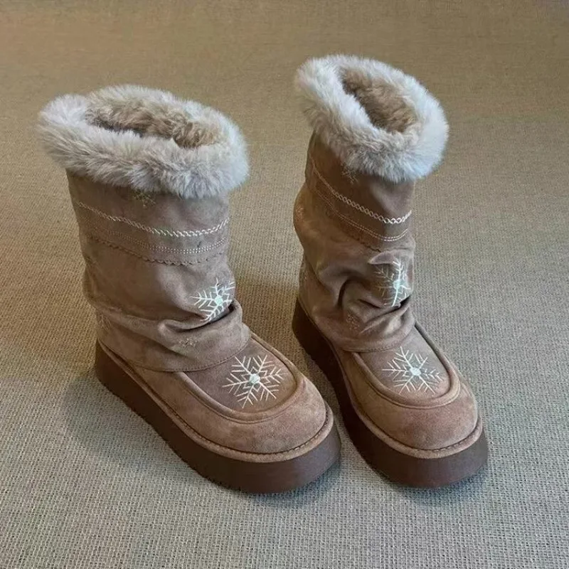 

Women's Fur Lined Snow Boots Foldable Dual Wear Thick Heel Fashion Mid-Calf Boot Snowflake Pattern Design Winter Footwear