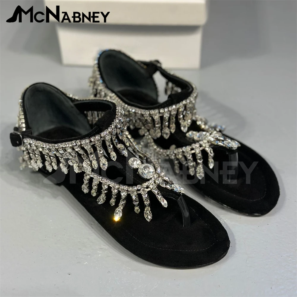 Luxurious Crystal Suede Sandals Rhinestone Summer Flats Bling Bling Buckle Shoes for Women Custom Colour Large Size Dropshipping