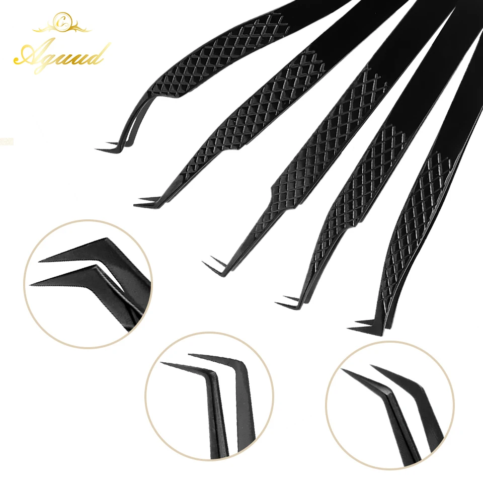 AGUUD Anti-static Fiber Tip Eyelash Extension Tweezer Curved Straight Lash Extension Tweezer for Volume Fan High Precision Clips