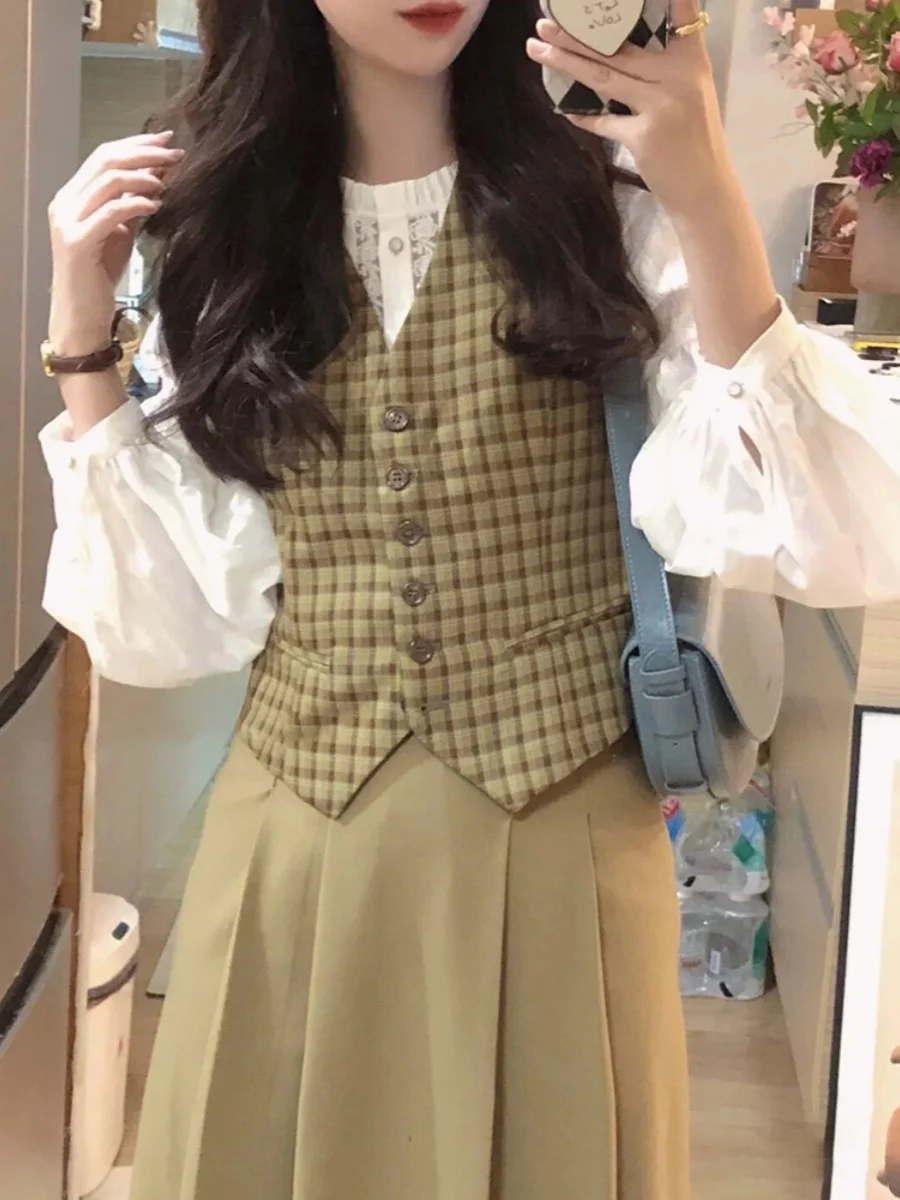 Retro Brytyjski Krój w Kratę, Garnitur z Dekoltem w Serek, Damska Wczesnojesienna Koreańska Odzież Wierzchnia, Warstwowa Kamizelka z Poduszkami na Ramiona