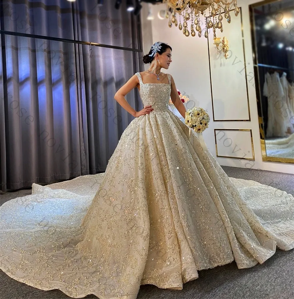 Customized Sparkle Glam Ball Gown Wedding Dress Square Neck Thick Strap Low Back Cathedral Train Beaded GlitterTulle Bridal Gown