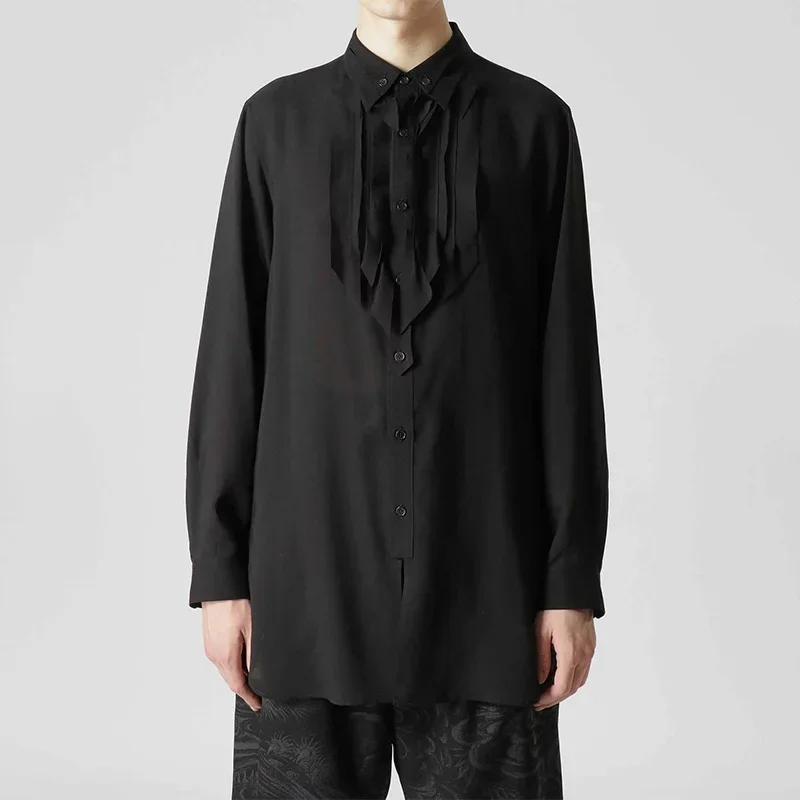

YOJI OOAK оригинальный дизайн, повседневная универсальная шерстяная черная рубашка с воротником-стойкой и длинными рукавами, мужская темная японская рубашка