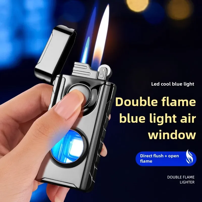 New Double Fire Lighter Straight Two Flame Lighter Creative Personality Cool Blue Light Windproof High Value