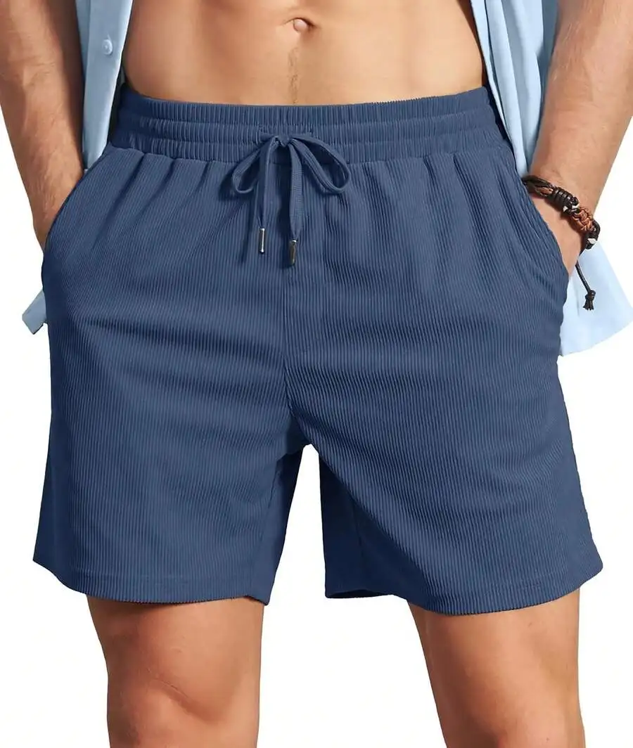 Pantalones Cortos de Pana para Hombre, Casuales, de 6 Pulgadas, Cintura Elástica con Cordón, Ligeros, para Playa, Verano, con Bolsillos
