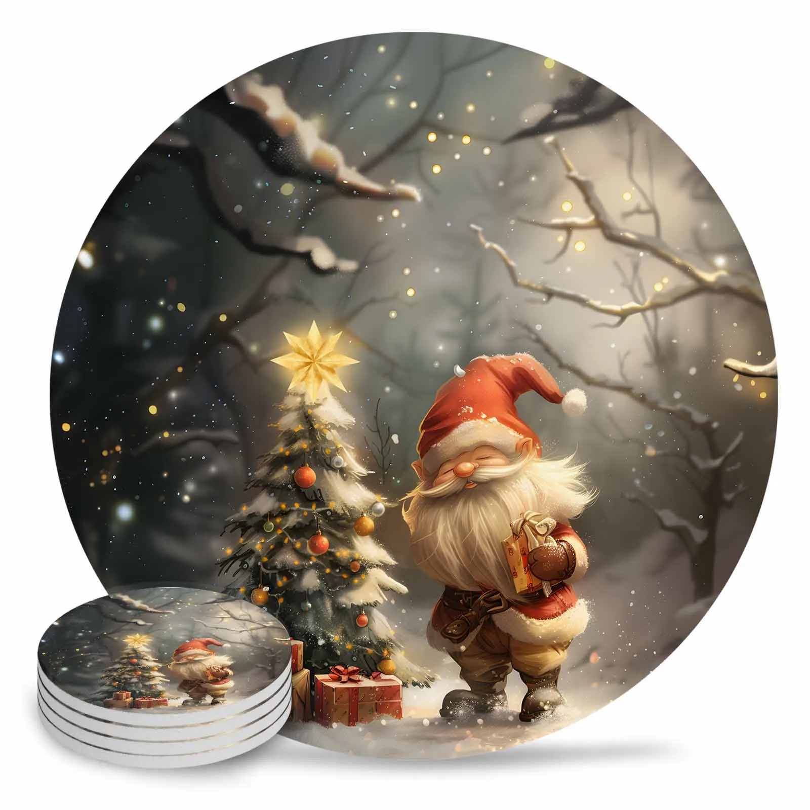 Christmas Dwarf Forest Snow Scene Round Coaster Coffee Table Mats Kitchen Accessories Absorbent Ceramic Coasters