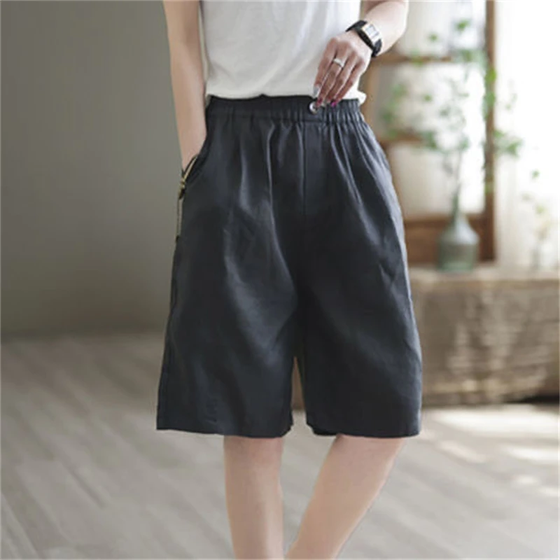 2024 Summer Women Vintage Simple Casual Cotton Linen Straight Short Pants Female Solid High Waist Pocket Loose Beach Shorts Ropa