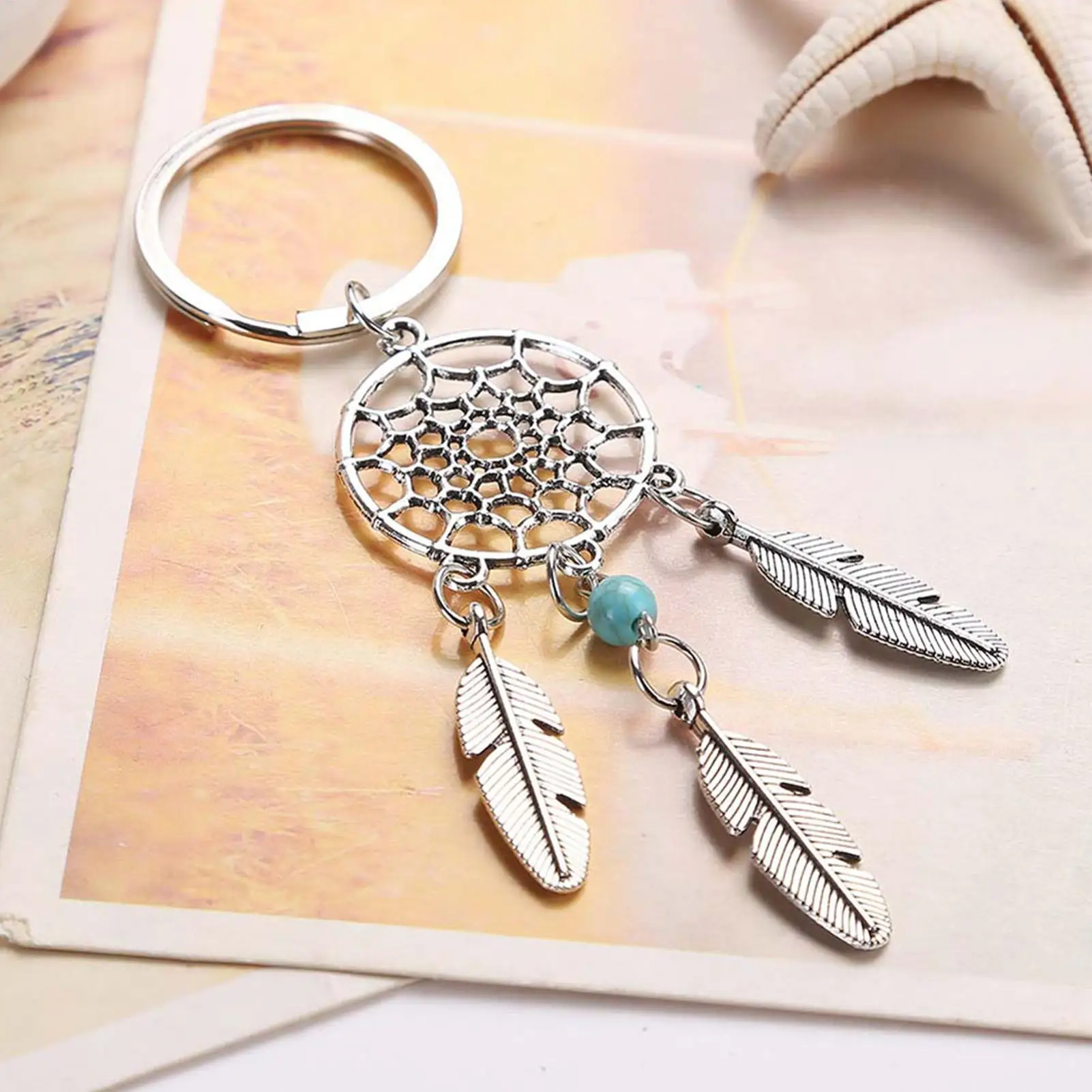 Dream Catcher Feathers Key Chain Tassels Tone Silver Color Keyring Keychain Gift For Women Lucky Decor For Bag