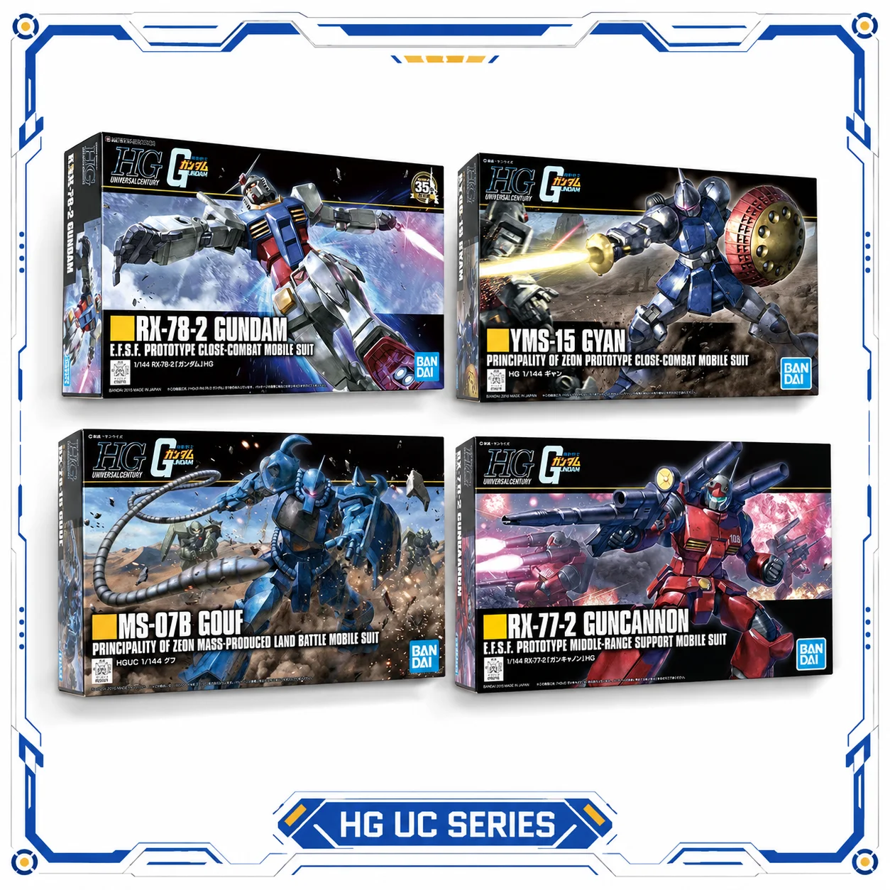 Bandai Original HGUC RX-782 Gundam MS-07B Gouf YMS-15 Gyan RX-77-2 Guncannon Figura de Acción de Anime, Kit de Modelo para Ensamblar, Juguete para Niños, Regalo