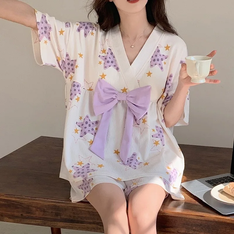 Summer V Neck Womens Pajamas Set Sleep Tops Shorts Female Korean Cotton Home suit Female Pijamas suit Pyjamas Drop ship