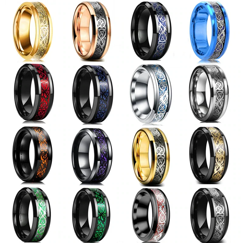 16 Colors Fashion 8mm Titanium Celtic Dragon Rings For Men Inlay ColorFul Carbon Fiber Men Stainless Steel Rings Wedding Band