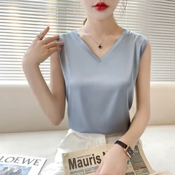V-Neck Silk Vest Women's Summer Short-Sleeved Blouse With Acetic Acid Satin Top Sleeveless Bottoming Shirt