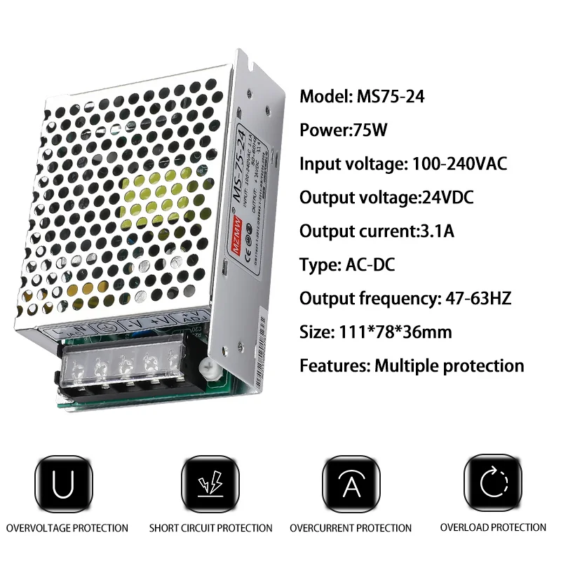 MS-75-24 Switching Power Supply 100-240VAC AC To DC 75W 24VDC 3.12A Single Output Industrial LED Strip Drive