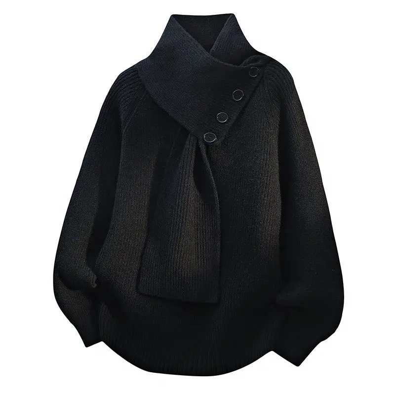 เสื้อสเวตเตอร์แฟชั่นผู้ชาย ดีไซน์ผ้าพันคอ สไตล์ลำลอง ติดกระดุมตกแต่ง ถักนิตติ้ง สำหรับฤดูใบไม้ร่วงและฤดูหนาว