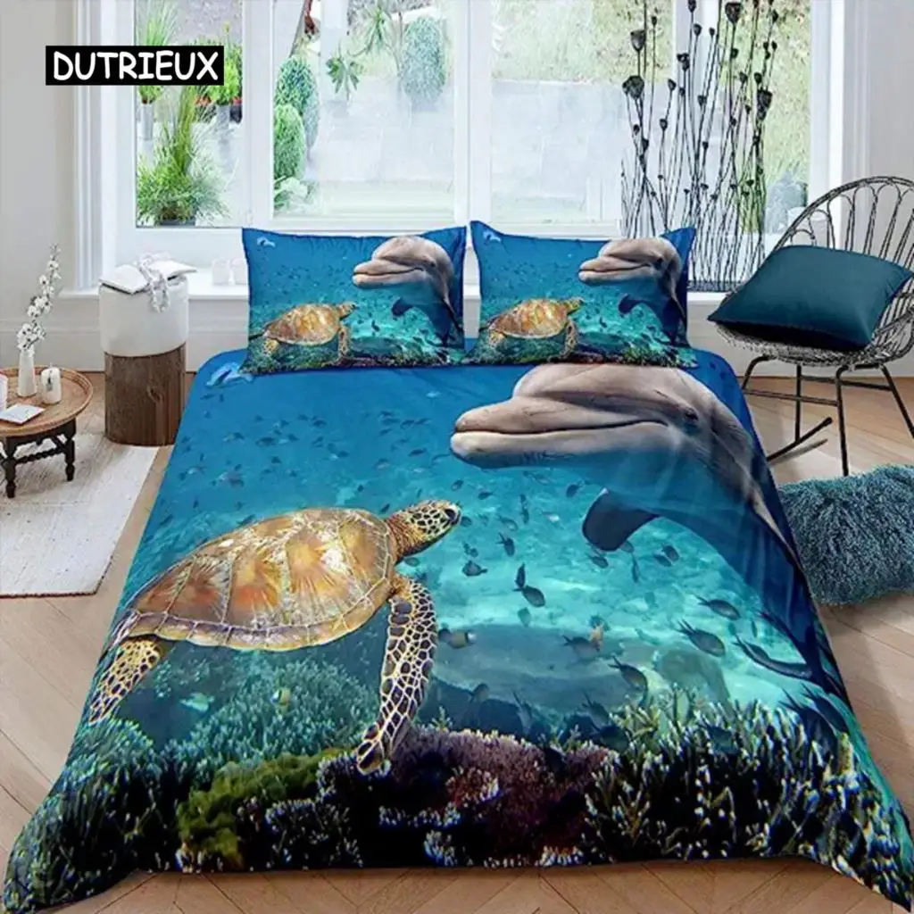 Dolphin Seaworld Duvet Cover Microfiber Sea Turtle Underwater World Gray Dolphin Ocean Blue for Decoration Kid Boys Girls Adults