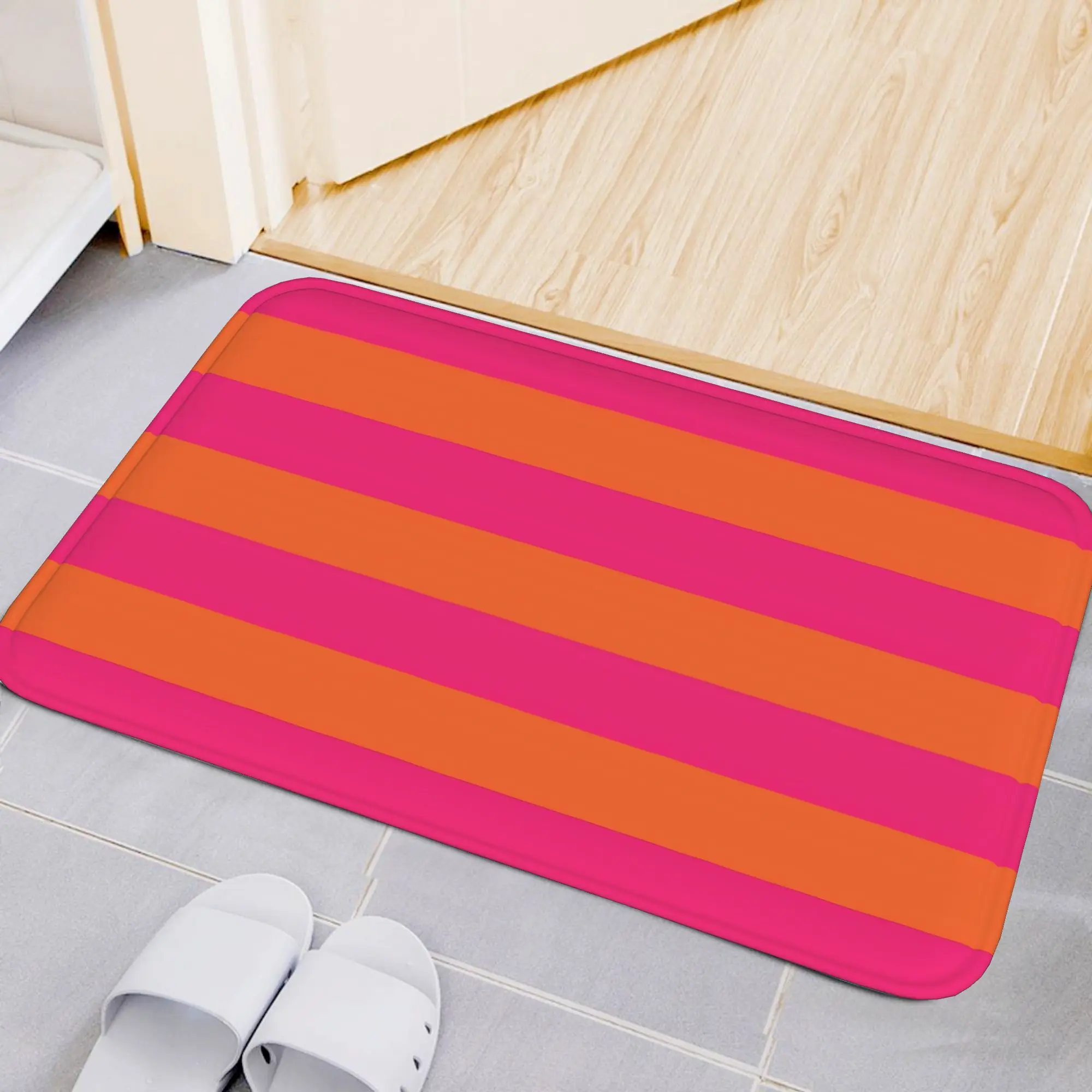 Orange Pop And Hot Neon Pink Horizontal Stripes Motif Flannel Area Rug for Bedroom & Living RoomFloor Mat